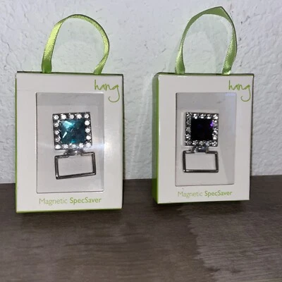 Set 2 Magnetic Eyeglass Glasses Holder Purple Blue Jewel Silver Hang Accessories