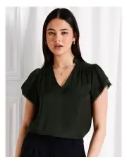 [Tokito] Satin Flutter Sleeve Top in Dark Green