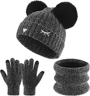 FALERII F&Z Children's Hat Scarf and Gloves Three-in-one- Autumn and Winter Warm Plus Wool Ear Protection Hat-Soft to Touch Warm, Dark Grey (3-piece)