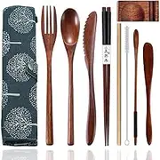 Cennsa Cutlery Set Portable, Reusable Travel Cutlery & Utensils Set with Case, 9-Piece Flatware Including Knife Fork Spoon Chopsticks Cleaning Brush Metal Straws, Stainless Steel Travel Flatware Set Wooden Cutlery Set