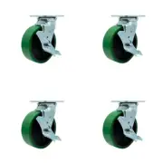 6 Inch Green Poly on Steel Caster Set with Ball Bearings 4 Brake 2 Swivel Lock
