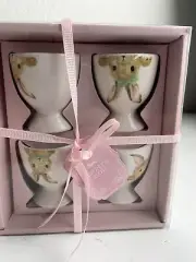 Set of 4 Easter Bunny Ceramic Egg Holders Poached Egg Cups 2.5" Hippity Hop New