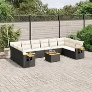 11 Piece Garden Sofa Set with Cushions in Black Poly Rattan - Outdoor Patio Furniture with Table & Storage, UV-Resistant Modular Design, 62 x 62 x 69 cm Chairs & Acacia Armrests