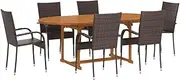 'vidaXL Farmhouse Style Garden Dining Set - Extendable Acacia Wood Table and 6 Brown Poly Rattan Stackable Chairs