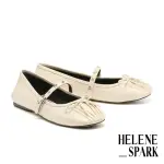 【HELENE_SPARK】叛逆復古 優雅蝴蝶結白鑽鉚釘繫帶羊皮瑪莉珍平底鞋(米)