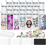 Sublimation Blanks Skinny Tumbler, 20 OZ White Straight Bulk Stainless Steel Tumbler, with Lid and Straw, Shrink Wrap, Individually Boxed, Blank White, Adhesive Tape (24pcs)