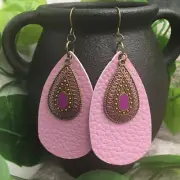 3” Bronze-tone Pendant & Leather Earring Set Drop Dangle New Free Ship A924