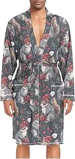 [ZZXXB] Xmas Squirrel Pine Cone Mens Sleepwear Robe Lightweight Nightgown Long Sleeves Spa Bathrobe with Pockets M-XL