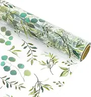 Whaline Eucalyptus Cellophane Wrap Roll Greenery Clear Wrapping Paper 100 Ft x 16 Inch Green Leaves Plastic Gift Basket Wrap for Wedding Birthday Baby Shower Party DIY Craft Supplies