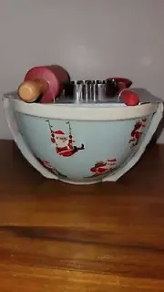 The Bakeshop Christmas Ceramic Mixing Bowl & Utensils Rolling Pen And Spoon NEW