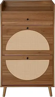 [maideying] Modern Wooden Shoe Cabinet with Rattan Design, 3 Drawers, 4 Pine Legs - Water-Resistant, Space-Saving Storage Organizer for Entryway, Hallway (Walnut)