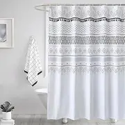 [Drimzate] White Shower Curtain with Geometric Fringe and Hooks, 183W x 198H, Waterproof and Mildew Resistant Shower Curtain Liner, Elegant Bathroom Decor, Durable and Stylish Design