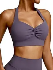 [Adigau] Halter Sports Bra Wrinkle Padded Sexy Cropped Tank Top Quick Dry Breathable Stretchy Comfortable Backless Crop Top for Yoga Gym