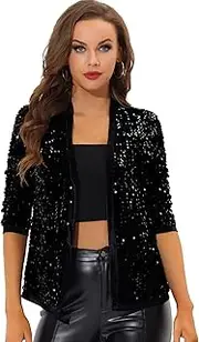 [Allegra K] Women's Sequin Cardigan Open Front Collarless 3/4 Sleeve Velvet Jacket
