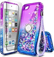 iPod Touch 7 Case, iPod Touch 6/5 Case with HD Screen Protector and Ring Holder for Girls Women Kids, Glitter Liquid Cute Case for Apple iPod Touch 7th/6th/5th Generation (Purple/Blue)