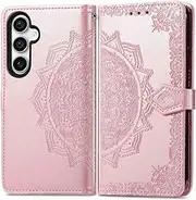 Samsung Galaxy A15 Case, Protective Flip Wallet PU Leather Case with Card Holder Magnetic Bumper Embossed Mandala Built-in Kickstand Case for Samsung Galaxy A15, Rose Gold