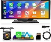 Rimoody Wireless Apple Carplay Portable Car Stereo Android Auto, 10.26 inch HD Touchscreen Portable CarPlay Screen with Siri Bluetooth Rear Backup Camera Voice Control 32G TF Card 9V-36V
