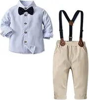 [SANGTREE] BABY Boy Tuxedo Outfit, Plaids Shirt + Suspender Pants - Blue - 3-4 Years
