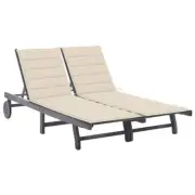 2-Person Outdoor Sun Lounger Bed With Cushions And Wheels Acacia Wood Sunbed