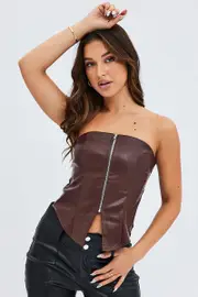 Brown PU Corset Sleeveless Strapless Butterfly Top - Size 14, Women's Top