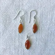 Natural Carnelian Crystal - Pendant & Earrings Set - Solid Sterling Silver 925