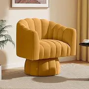 SEYNAR Mid Century 360 Degree Swivel Cuddle Barrel Accent Sofa Chairs, Round Armchairs with Wide Upholstered, Fluffy Velvet Fabric Chair for Living Room, Bedroom, Office, Waiting Rooms, (Mustard)