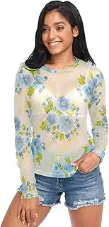 [RPLIFE] Light Blue Flowers Green Mesh Sleeves for Women, Mesh Tops for Women Sexy S-XXL