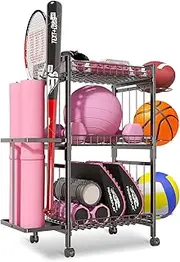 Yoga Mat Storage Rack, Home Gym Storage Rack for Dumbbells Kettlebells Foam Roller and Yoga Strap, Workout Equipment Storage Organizer With Hooks ＆ Wheels, Gym Equipment Storage for Home Exercise