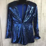 NWT Boohoo Womens Size 4 Mia Blue Sequin Deep Plunge Playsuit Shorts New