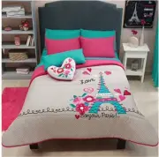 PARIS TORRE EIFFEL JUEGO DE CAMA EDREDON COLCHA 5 PIEZAS QUEEN HECHO EN MEXICO