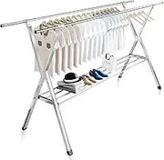 JAUREE Clothes Drying Rack 2 Tiers, Heavy Duty Drying Rack Clothing Folding Indoor Outdoor, Stainless Steel Laundry Drying Rack, Foldable Garment Rack with 20 Windproof Hooks (84 Inches)