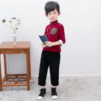 在飛比找樂天市場購物網優惠-【新品服裝】中式童裝兒童漢服秋 棉麻長袖手工扣中國龍民族風男