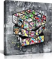 SIXTTART Banksy Canvas Wall-Art for Bedroom - Street Graffiti Wall Art Abstract Painting Pop Art Wall Decor Modern Home Office Decor 14" W x14 H Stretched and Framed Ready to Hang