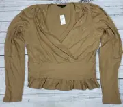 Banana Republic Womens Long Sleeve V-Neck Top Sz M Brown Ruffled Trim Cotton Bld
