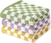 qzjijosen 3pcs Checkered Hand Towel, Soft Quick Dry Bath Towel Set for Bathroom Kitchen Gym Pool Travel (Grenn+Yellow+Purple)