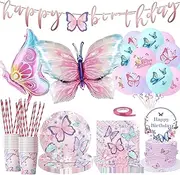 LPZMPZ Butterfly Decoration Birthday 100 Pieces Butterfly Party Tableware Set Birthday Decoration Butterfly Girl with Cake Topper Balloons Tablecloths Cups Straws Napkins