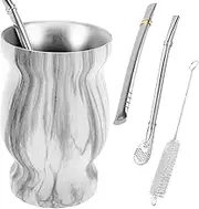 8 OZ Yerba Mate Cup, Yerba Mate Gourd with Straw Brush Straw Spoon Flat Straw and Lid, Stainless Steel Mate Tea Cup Set, Insulated Coffee Water Mate Cup for Home Mate Tea Coffee (A)