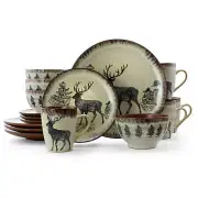Elama Majestic Elk 16 Piece Luxurious Stoneware Dinnerware with Complete Setting