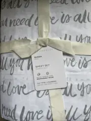 Pottery Barn All You Need Is Love Script Percale QUEEN Sheet Set - NEW