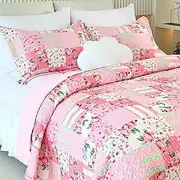 Floral Quilted Bedspread with 2 Pillow Shams-King Size,Patchwork Pink 3 Piece Quilt Set,Lightweight Reversible Bed Coverlet for All Seasons(King104 x92 Pink)
