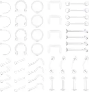 [TOKRING] Clear Nose Rings Studs Clear Piercing Retainer Set Septum Lip Cartilage Tongue Rook Daith Ear Industrial Nipple Belly Clear Piercing Jewelry for Work Surgery