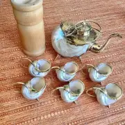 Set of Copper-Coasted Conch Shell Teapot and Cups, Bronze edged, Sea Snail, Home