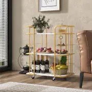 CostwayBuffet Serving Cart with White Faux Marble Shelves and Golden Metal Frame-Golden