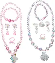 CTIRCHIU 2Sets Jewelry Set Unicorn Shell Beaded Necklace Bracelet Ring Earrings present for Parties School Rewards and Daily Wear