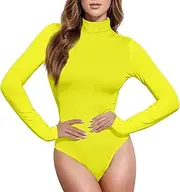 [Caihoyu] Yellow Solid Color Pure Plain long sleeve Bodysuits for Women Pack Womens Shapewear Cute Going Out Tops for Women High-Neck, Color 2