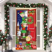 Funny Elves Fabric Door Backdrop - Santa Christmas Photo Booth Backdrop Banner and Door Cover - 70.9 x 35.4 Inch