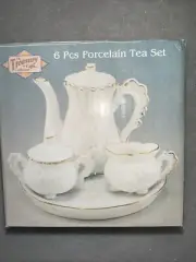 Vtg White Matte Round Gold Tone Cup 4 Piece Mini Teapot Set NEW Open box