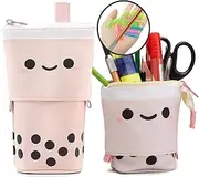Cute Boba Tea Pencil Case, 1+1+8pcs, Premium, Kawaii Retractable Pouch, Pop up Korean Japanese Stationery, Standing Pen Makeup Box Bag Holder, Gift, Pink.
