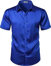 [ZEROYAA] Men's Hipster Shiny Silk Satin Shirt Short Sleeve Casual Button Down Dress Shirts for Summer Party
