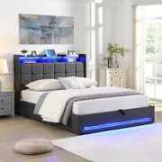 HOMFURN Double Queen King SIze Gas Lift Bed Frame with LED and Charging Station, Button Tufted Upholstery Bed Storage Headboard, Grey